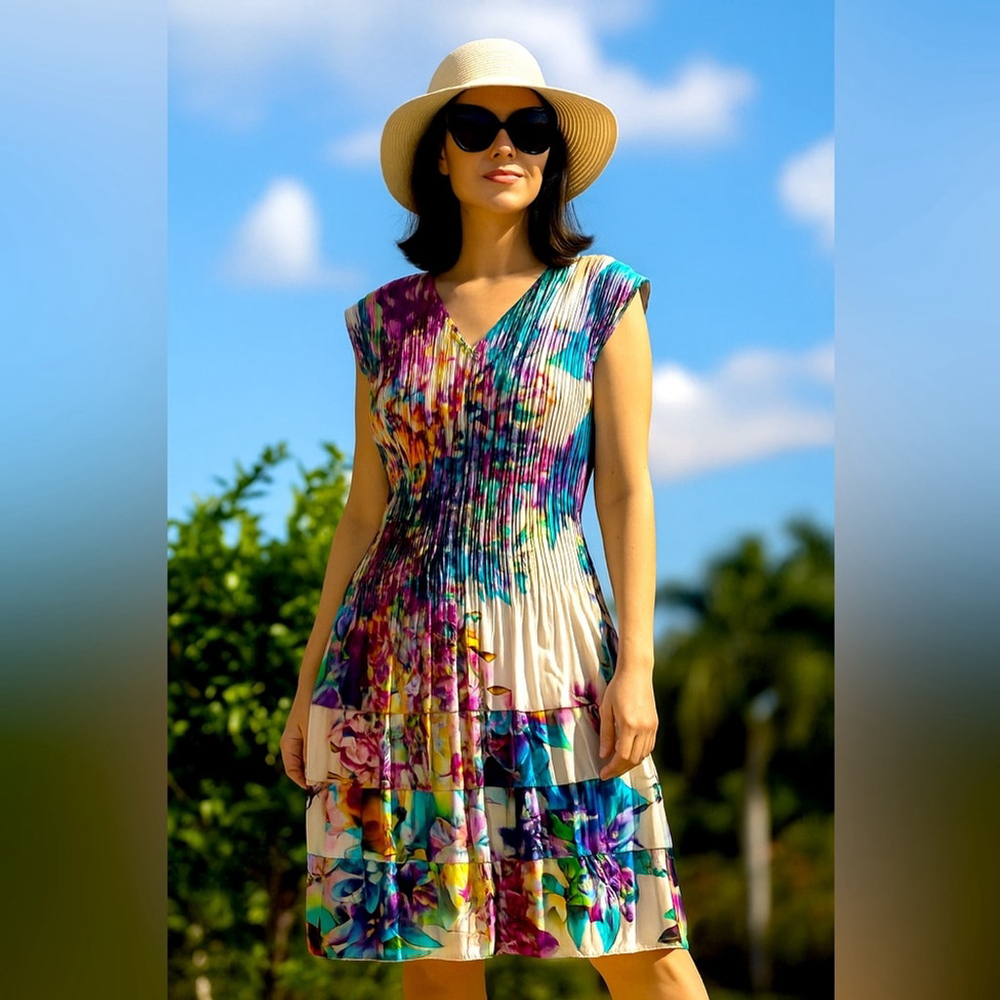 Floral Multicolor Pleated Dress Art-to-Wear Watercolor